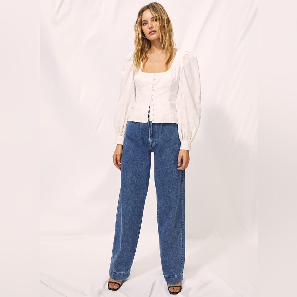 Wilfred 100% Cotton Embroidered Bohemian Puff Sleeve Button Up Palo Santo Blouse